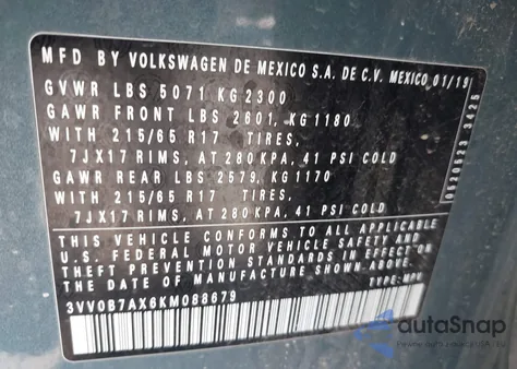2019 Volkswagen Tiguan 2.0T S from USA, damaged, VIN 3VV0B7AX6KM088679